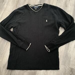POLO Ralph Lauren Waffle Knit T-Shirt Mens Large Thermal V-Neck Shirt Black